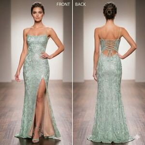 Vtg 90s Y2K Windsor Sequin Lace Up Back Floor Length Prom Dress Mermaid Fairy L